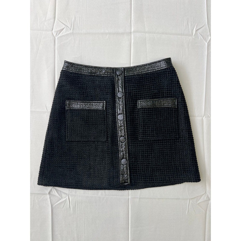 Maje Jinili Noir Black Tweed Mini Skirt Vinyl Trim Button Front Size 36 NEW